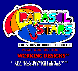 Parasol Stars: The Story of Bubble Bobble III title screen for PC Engine